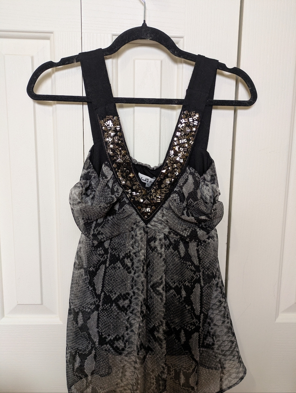 Y2K Vtg Lady Dutch Embellished Snake-Print Sleeveless Top - Black & Gray